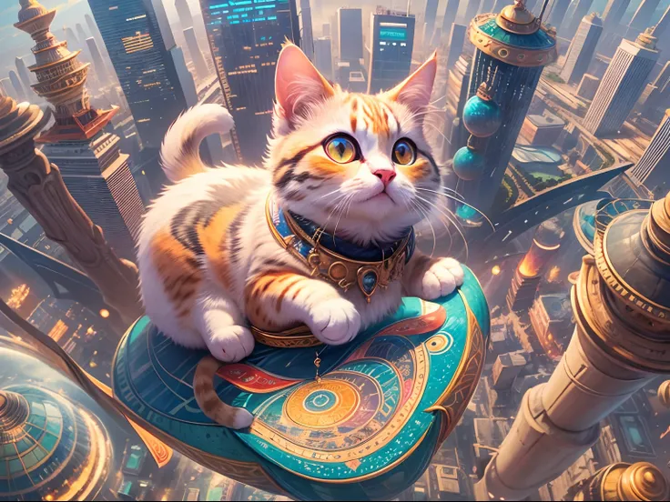 1 round-eyed adorable cat, Being in the air, Sit on a colorful Aladdin flying carpet ,viewed from birds-eye, The background is the city of the future, Science fiction world.