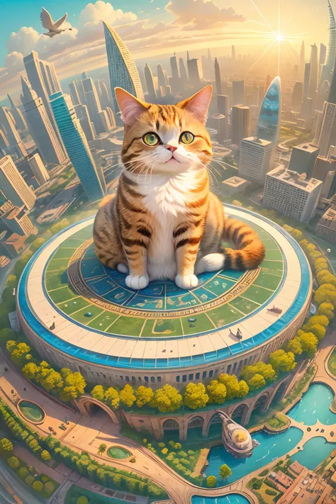 1 round-eyed adorable cat, Being in the air, Sit on a colorful Aladdin flying carpet ,viewed from birds-eye, The background is the city of the future, Science fiction world.