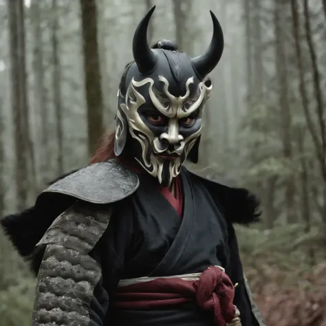 （Oni samurai），（Wearing a demon mask），Solo，Full body like，（Armed with a long sharp knife），Epic artwork，（（Kyoto panel painting style）），Wind effect：1.9，Cloud effects：1.2，Full rendering，Encaustic painting