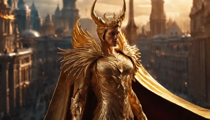 Ultra-realistic devil: A golden angel with wings spread with a fiery sword in his hand, standing in the middle of a city made of gold and silver buildings