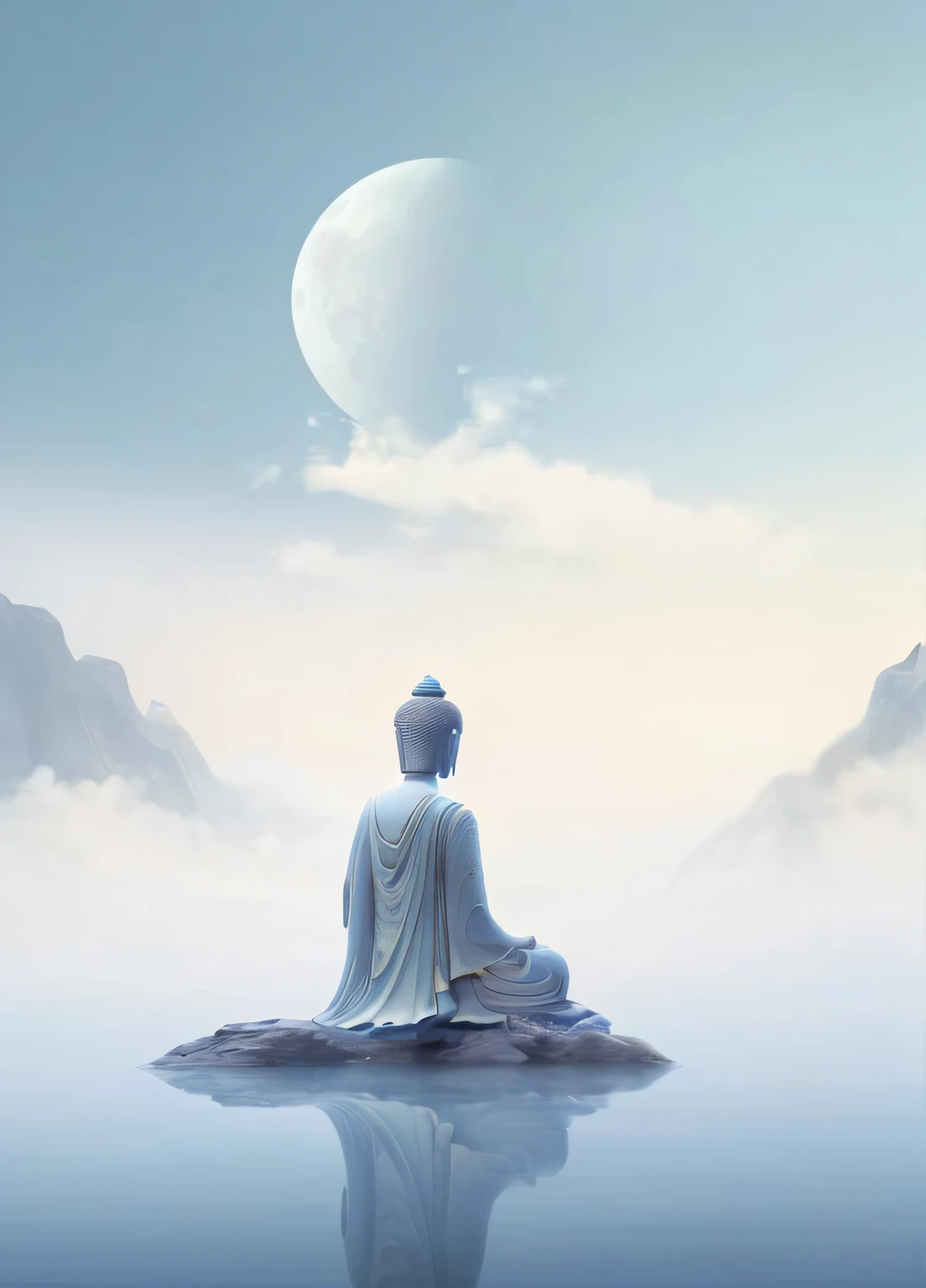 Exquisite and gorgeous Chinese
Buddha statue, an ancient woman looking
at the Buddha statue, minimalism, creative
trends, exquisite details, Zen, minimalist
surrealist style, light indigo and sky blue,
Chinese landscape, white moon, minimalist
background, ...