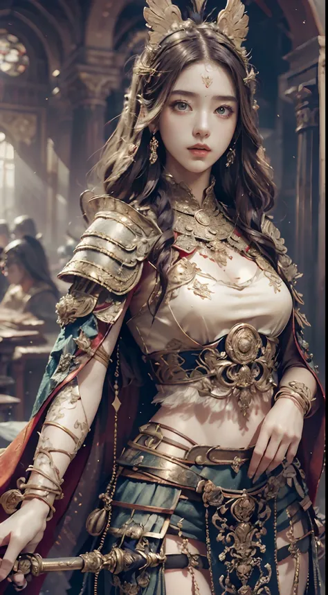 ((Masterpiece))), ((Best Quality))), ((Ultra Detailed)), (Surreal), (Highly Detailed CG Illustration), Cinematic Light, Realistic, Very Beautiful Young Lady,Sexy, Light Makeup,, Intricate Details EABA, Red Cloak, Spear