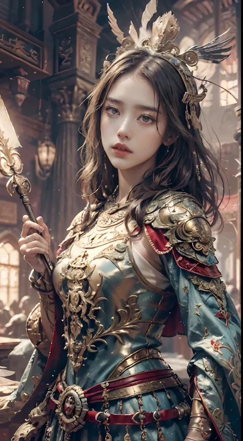 ((Masterpiece))), ((Best Quality))), ((Ultra Detailed)), (Surreal), (Highly Detailed CG Illustration), Cinematic Light, Realistic, Very Beautiful Young Lady,Sexy, Light Makeup,, Intricate Details EABA, Red Cloak, Spear