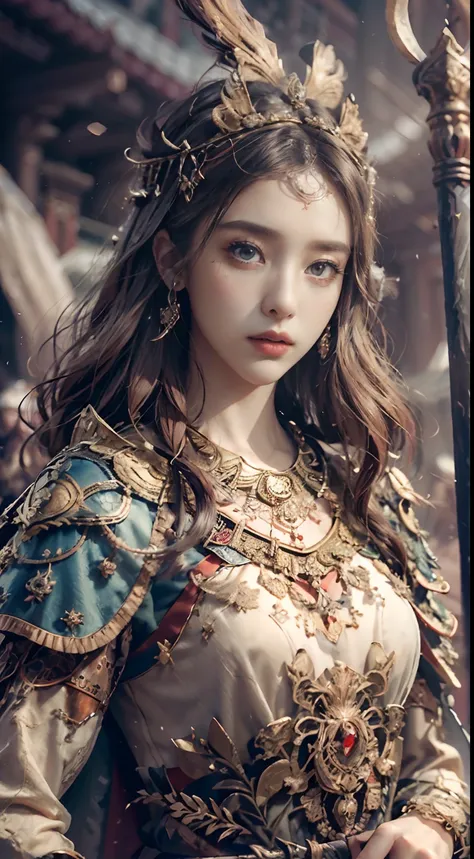 ((Masterpiece))), ((Best Quality))), ((Ultra Detailed)), (Surreal), (Highly Detailed CG Illustration), Cinematic Light, Realistic, Very Beautiful Young Lady,Sexy, Light Makeup,, Intricate Details EABA, Red Cloak, Spear