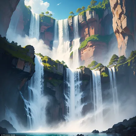 finest image, detailed and delicate depiction, spectacular view of the spectacular waterfall from directly below, huge amount of water flow, professional lighting