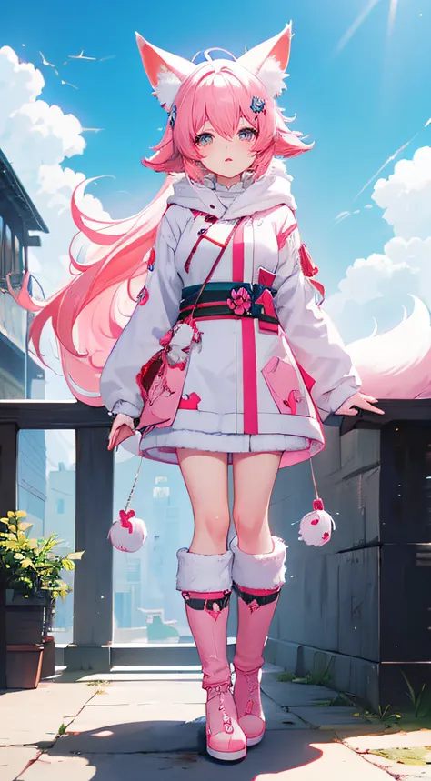 (Best quality,4K,A high resolution), Detailed eyes and lips, Pink furry fox ears, Long blue fox tail, Pink hair, Ali, a character in League of Legends, Behind the white vixen, onmyoji, Long boots, Standing posture, folding fan