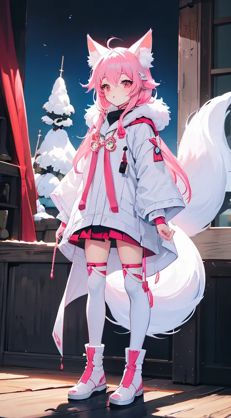 (Best quality,4K,A high resolution), Detailed eyes and lips, Pink furry fox ears, Long blue fox tail, Pink hair, Ali, a character in League of Legends, Behind the white vixen, onmyoji, Long boots, Standing posture, folding fan