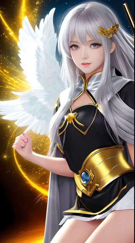 Full Body, Silver-haired young girl, golden eyes, angelic body and face, and black high school uniform dress with a mini skirt, holding a kshield, wear a cloak, and golden hairpin, sitting on the throne of golden light, red crimson wings, sunrise, and high...