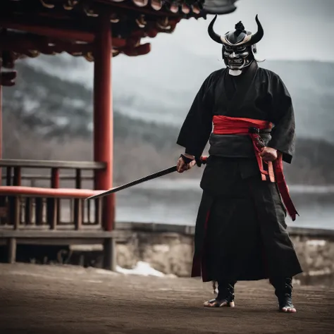 （Oni samurai），（Wearing a demon mask），Solo，Full body like，（Armed with a long sharp knife），Epic artwork，（（Kyoto panel painting style）），Wind effect：1.9，Cloud effects：1.2，Full rendering，Encaustic painting