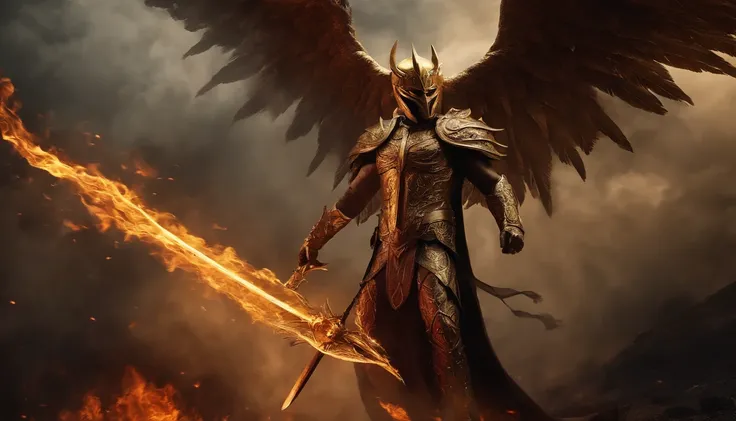 Ultra-realistic devil: A golden angel with wings spread with a fiery sword in his hand, flying over a gloomy battlefield, dark smoke setting