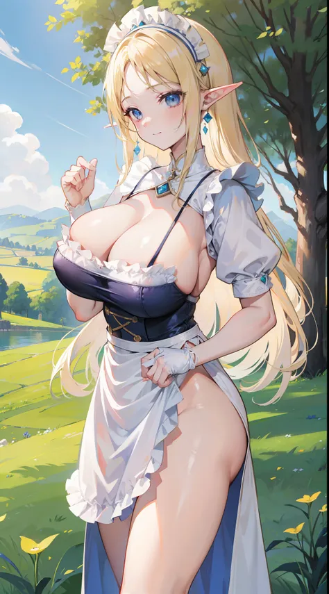 a beauty girl，Village girl，blonde with blue eyes，wearing apron，Countryside，zona rural，idyllic scenery，European Middle Ages，Toothy smile，Forehead，Forehead exposed，huge tit，Side breasts，耳Nipple Ring，Side waist slit，stocklings，mitts，((Side breasts))，Lace-up p...