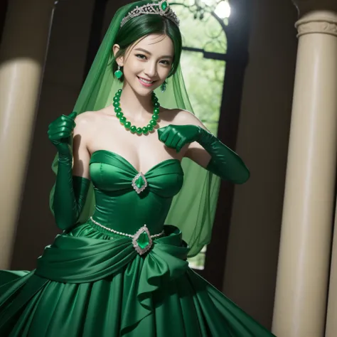 emerald tiara, Green Pearl Necklace, Boyish very short green hair, lipsticks, Japan woman smiling, very short short hair, fist, big breasts beautiful, Green eyes, Long green gloves made of satin material, Green eyes, Emerald Earrings