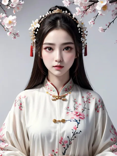 Chinese picture frame portrait、 bustshot、(((white backgrounid)))、 Original、Top image quality、​masterpiece、Ultra Detailed CG、colourfull、Ink splashes、color splashes、watercolor paiting、Clear Sharp Focus、1girl in、Chinese style、flowers background、plein air、boul...