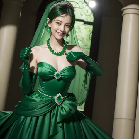 emerald tiara, Green Pearl Necklace, Boyish very short green hair, lipsticks, Japan woman smiling, very short short hair, fist, big breasts beautiful, Green eyes, Long green gloves made of satin material, Green eyes, Emerald Earrings