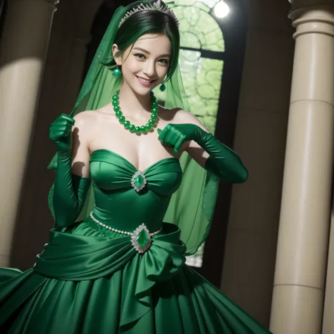 emerald tiara, Green Pearl Necklace, Boyish very short green hair, lipsticks, Japan woman smiling, very short short hair, fist, big breasts beautiful, Green eyes, Long green gloves made of satin material, Green eyes, Emerald Earrings