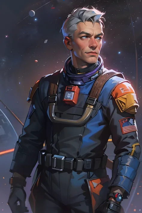 a man with short-cropped gray hair and piercing blue eyes. he is 45 years old. wears a black space station officer uniform, a sp...