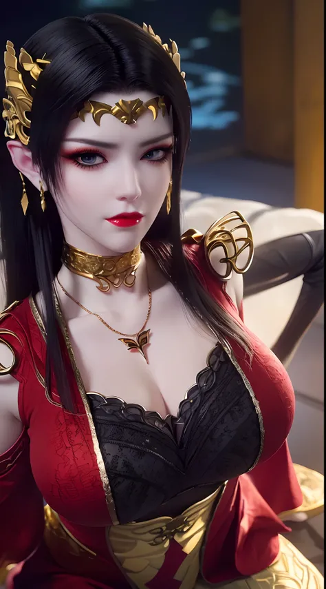 1 extremely beautiful queen, ((wearing traditional red hanfu with thin black patterns:1.6)), (((Patterns on clothes:1.6))), ((long black hair:1.6 )), elaborately crafted jewelry from precious stones and beautiful hair, (((wearing a 24k gold lace necklace:1...