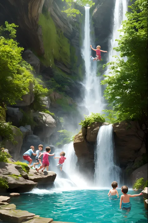 best quality, ultra-detailed, (photorealistic), Children playing in the waterfall, children swimming, children diving, children having fun