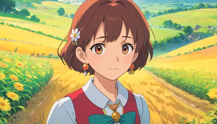 A girl wearing an anime collar, Play on the farm，A long necklace and earrings, colorful animation stills,