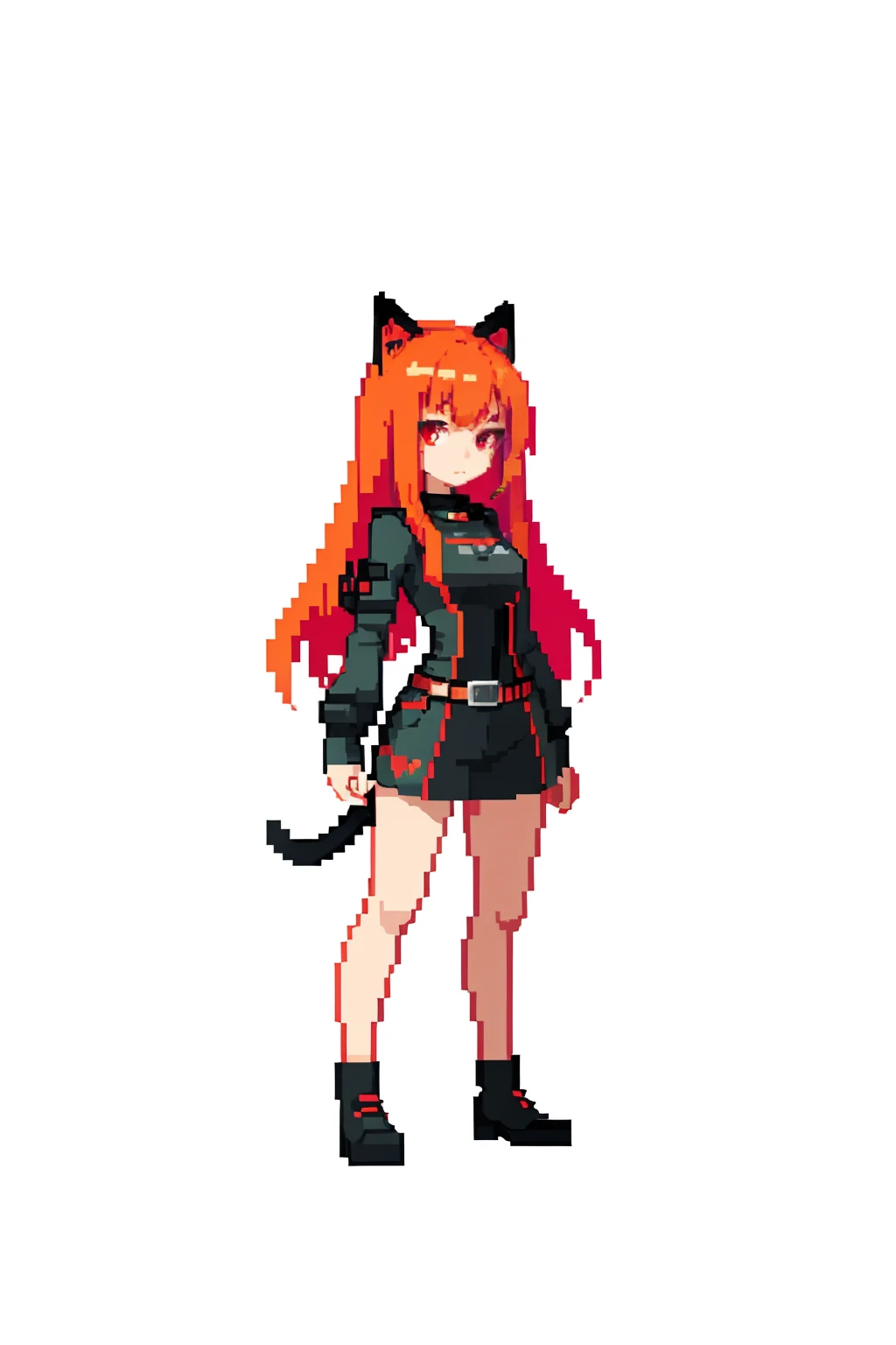 (masterpiece, top quality, best quality), pixel, pixel art,1girl,full body, high detail, cat ears, medium length hair, strawberry blonde hair, Red eyes, cyberpunk