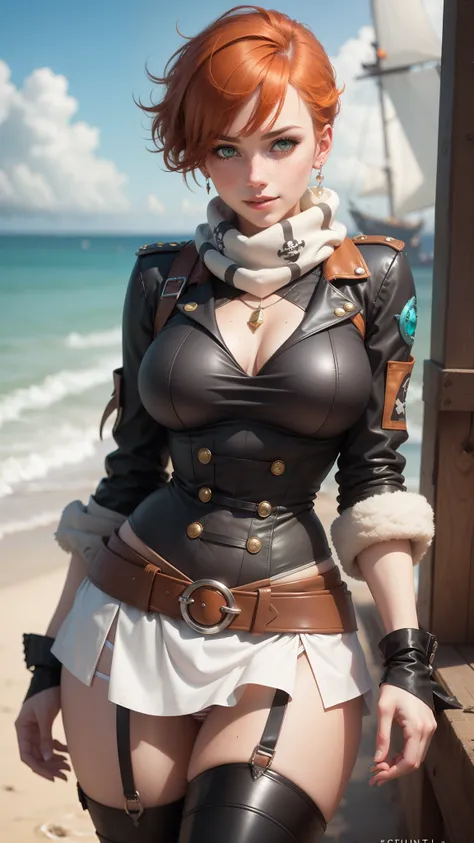 gwen tennyson,tracer,yorha 2b,sinon, rebecca chambers,reisalin stout,pirate outfit,beach,teenager,green eyes,thigh high boots,garter belt,striped panties, short hair,orange hair,pirate ship,shy smile,white striped top,victorian tight skirt,wet shirt,freckl...