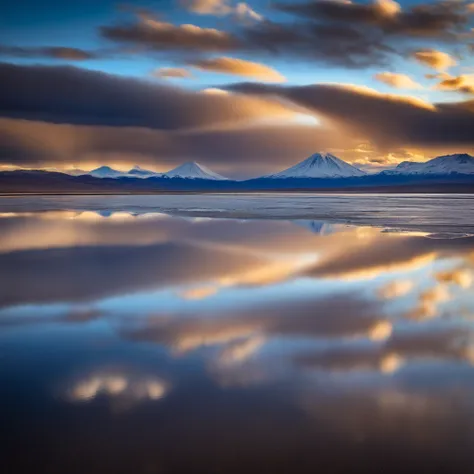 Large body of water with clouds in the sky, At Salar de Uyuni, Amazing reflections of the sky, Incredible reflections, beautiful reflection, stunning photo, epic and stunning, Crossing the Blue Horizon、milkyway:1.9、Mt fuji:1.9