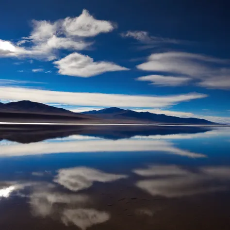 Large body of water with clouds in the sky, At Salar de Uyuni, Amazing reflections of the sky, Incredible reflections, beautiful reflection, stunning photo, epic and stunning, Crossing the Blue Horizon、milkyway:1.9、Mt fuji:1.9