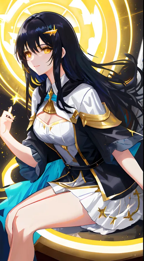 Full Body, black-haired young girl, yellow eyes, angelic body and face, and blue crystal dress with a mini skirt, holding a shield, wear a cloak, and golden hairpin, sitting on the throne of golden light, red wings, sunrise, and, high rise building backgro...