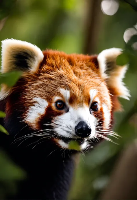 Raw photo, Close up of cute red panda, The background is an African jungle,