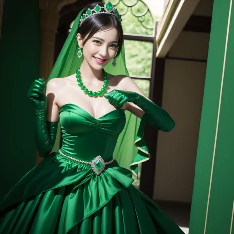 emerald tiara, Green Pearl Necklace, Boyish very short green hair, lipsticks, Japan woman smiling, very short short hair, fist, big breasts beautiful, Green eyes, Long green gloves made of satin material, Green eyes, Emerald Earrings