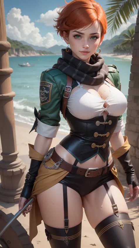 gwen tennyson,tracer,yorha 2b,sinon, rebecca chambers,reisalin stout,pirate outfit,beach,teenager,green eyes,thigh high boots,garter belt,striped panties, short hair,orange hair,pirate ship,shy smile,white striped top,victorian skirt, wet clothes,freckles,...