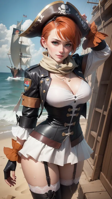 gwen tennyson,tracer,yorha 2b,sinon, rebecca chambers,reisalin stout,pirate outfit,beach,teenager,green eyes,thigh high boots,garter belt,striped panties, short hair,orange hair,pirate ship,shy smile,white striped top,victorian skirt, wet clothes,freckles,...