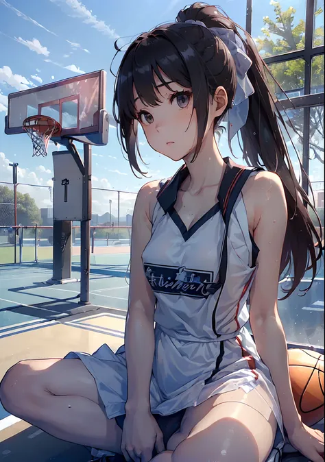 (hight resolution:1.5), (3D Reader:0.9), (Realistic:0.9), (ultra-quality:1.3), (Highly detailed:1.3),
public space, 1girl in, Beautiful 20 years old, blown hair, Solo Focus, Catch Light, (Outdoor basketball court:1.5),(Girl sitting in front seat:1.5)、(Flas...