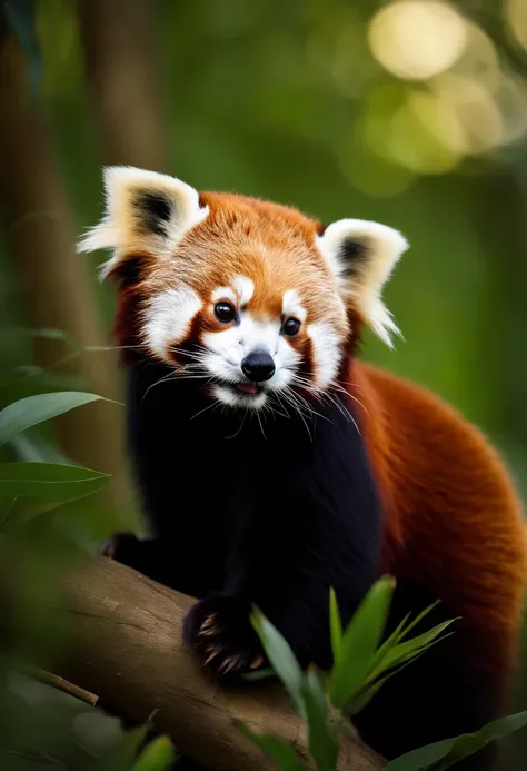 Raw photo, Close up of cute red panda, The background is a Chinese bamboo bush,