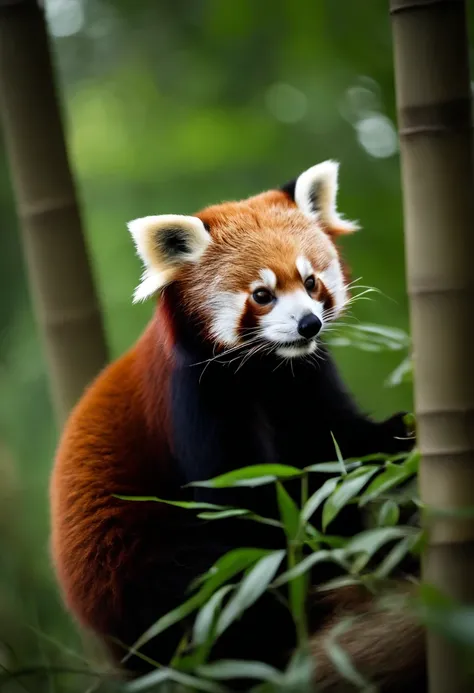 Raw photo, Close up of cute red panda, The background is a Chinese bamboo bush,