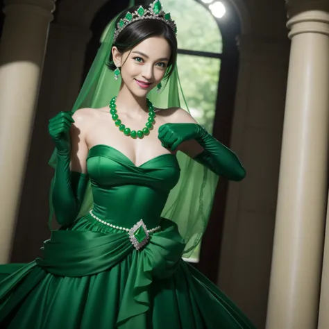 emerald tiara, Green Pearl Necklace, Boyish very short green hair, lipsticks, Japan woman smiling, very short short hair, fist, big breasts beautiful, Green eyes, Long green gloves made of satin material, Green eyes, Emerald Earrings