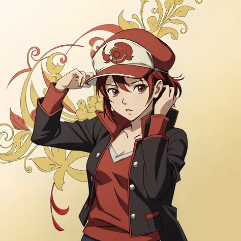 13 year old anime girl in a red and black jacket and a red hat, Akihiko Yoshida!, inspirado em Junpei Satoh, inspirado em Akihiko Yoshida, Estilo Eiichiro Oda, Akihiko Yoshida 8 mil, Fanart de alta qualidade, Gatilho Estilo de Arte de Anime, Estilo anime 2...