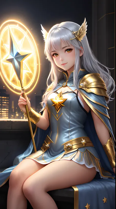 Full Body, silver-haired young girl, yellow eyes, angelic body and face, and blue crystal dress with a mini skirt, holding a shield, wear a cloak, and golden hairpin, sitting on the throne of guardian, red wings, sunrise, and, high rise building background...