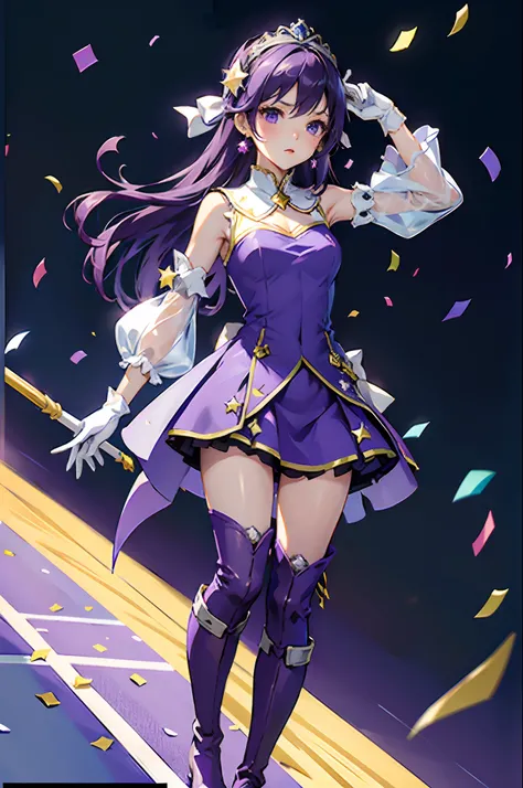 masterpiece, best quality,
narita top road,
grass, stadium, confetti,
standing, sweatdrop, hand up, looking down,
ear cover, star hair ornament, brooch, sleeveless dress, purple dress, white bow, mismatched gloves, white gloves, black gloves, shoulder cuto...