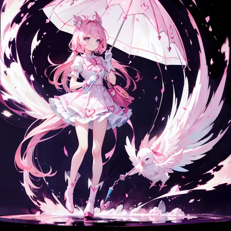 i girl,magical girl,pink themed,  white boots ,magical bag,gloves,full body,long hair,umbrella,rose quartz