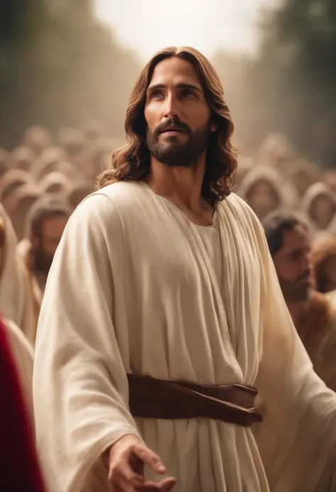 Jesus( 8K realista), com alguns anjos ao seu redor, Jesus is commanding the angels. (imagem: Cinematic realistic 8K