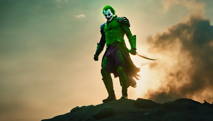 the joker as a spartan warrior, jumping in the air, a neon green sword in his hands, the sky is a pale hunter green, dying spartans on the ground , bloody armor, epic, 8k