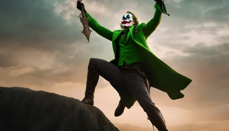 the joker as a spartan warrior, jumping in the air, a neon green sword in his hands, the sky is a pale hunter green, dying spartans on the ground , bloody armor, epic, 8k