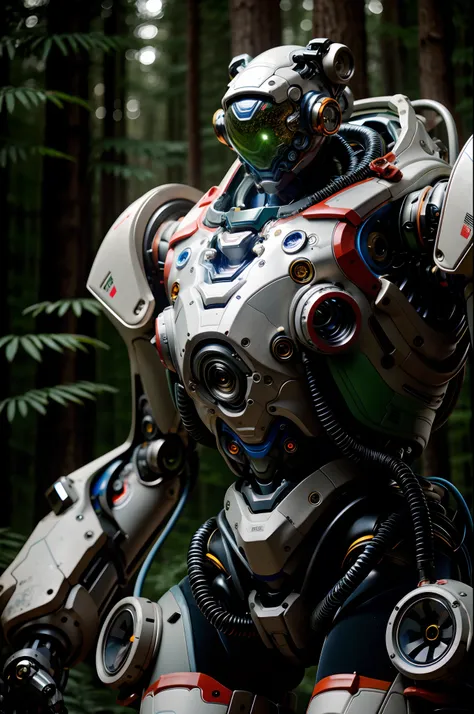 robots wearing spacesuits,  on the forest, macro, blurry lens, studio, rtx,