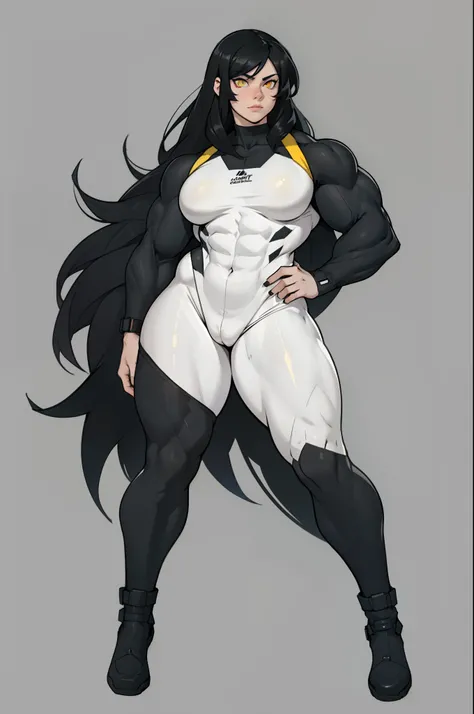 ((grey background)), (((((1 girl))))), black hair, yellow eyes, ((((((muscular)))))), tall, pale skin, (full body), bodysuit, (solo), curvy, wide hips, thick thighs, small breasts