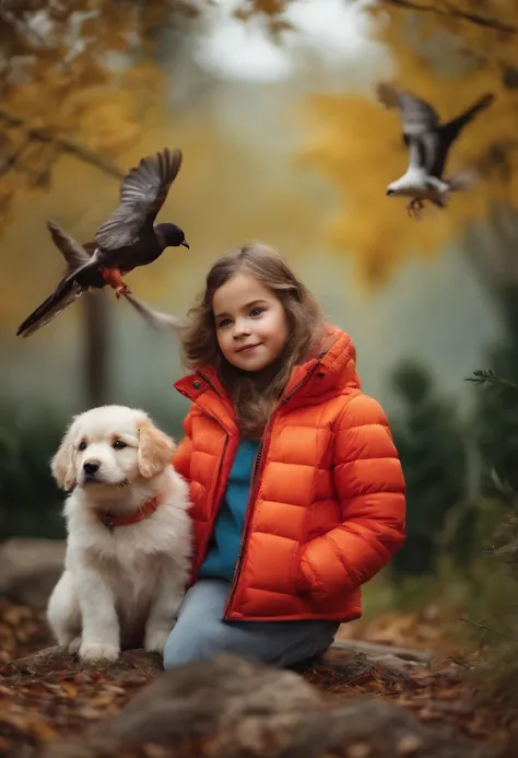 Girl with puppy,  parks, Birds, down jacket