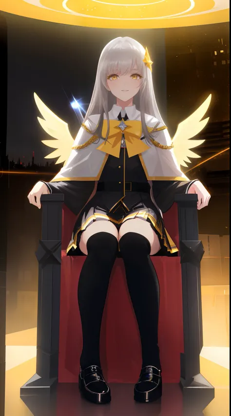 Full Body, silver-haired young girl, yellow eyes, angelic body and face, and black high school uniform dress with a mini skirt, holding a shield, wearing a cloak, and golden hairpin, sitting on the throne of guardian, red wings, sunrise, and, high rise bui...