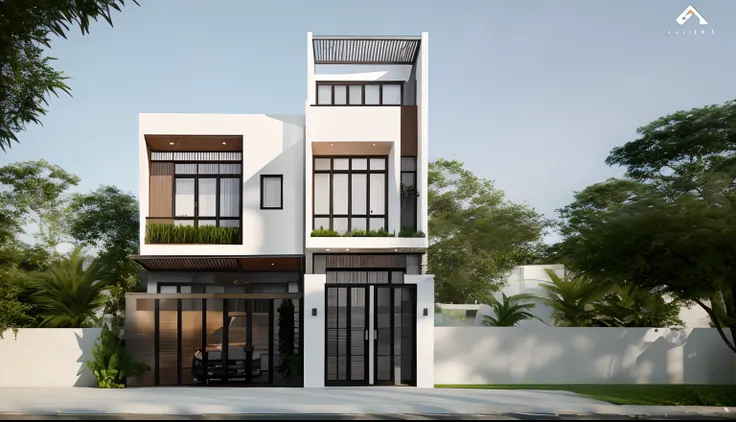 townhouse in city, daylight,warm light, (sharp focus) front view of townhouse in style of modern, vietnam ,mutual colours, soft ...