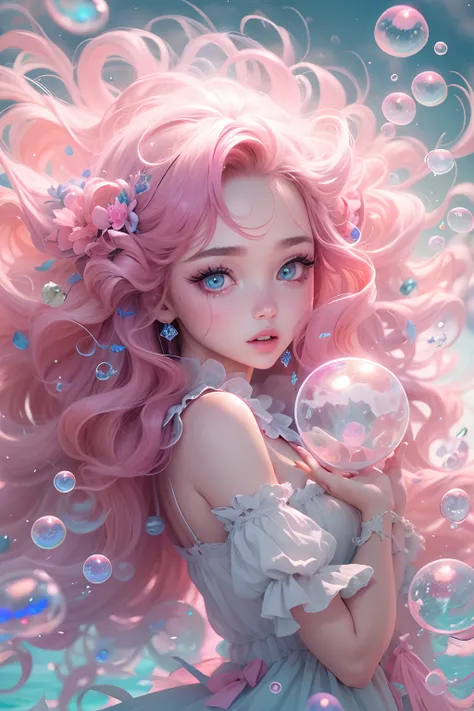 beautiful girl, big eyes, pink lips, vivid life, bubble rise up from the ocean, iridescent eyes, flow dress