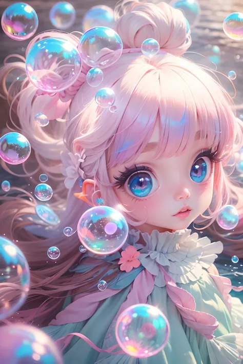 beautiful girl, big eyes, pink lips, vivid life, bubble rise up from the ocean, iridescent eyes, flow dress